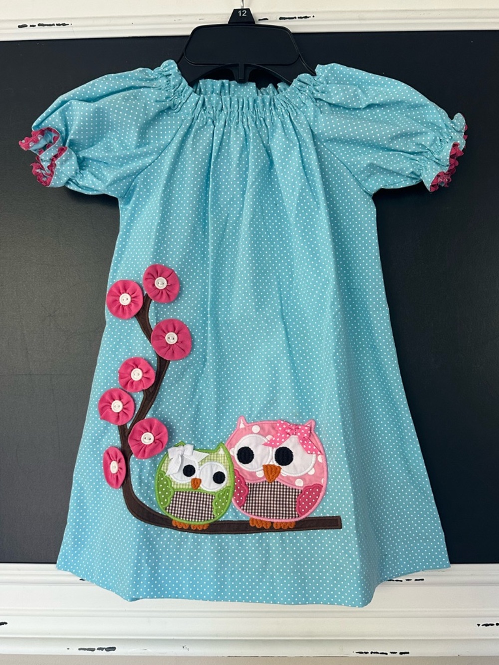 Stellybelly Girls Blue Polka Dot Owl Applique Dress Sz. 2T